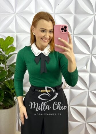 Blusa Tricot Modal Gola Com Laço Manga Longa Paty - Verde - Milla Chic