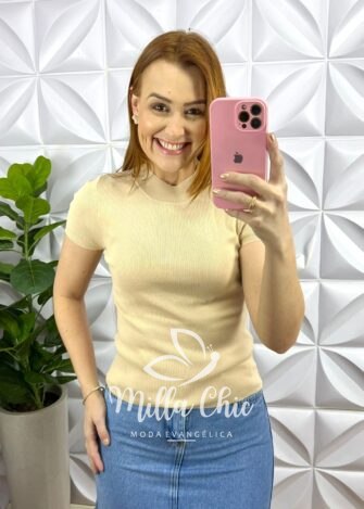 Blusa Tricot Modal Gola E Manga Marcada Lívia - Areia - Milla Chic