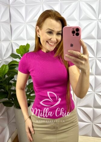 Blusa Tricot Modal Gola E Manga Marcada Lívia - Fuchia - Milla Chic
