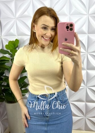 Blusa Tricot Modal Gola E Manga Marcada Lívia - Areia - Milla Chic