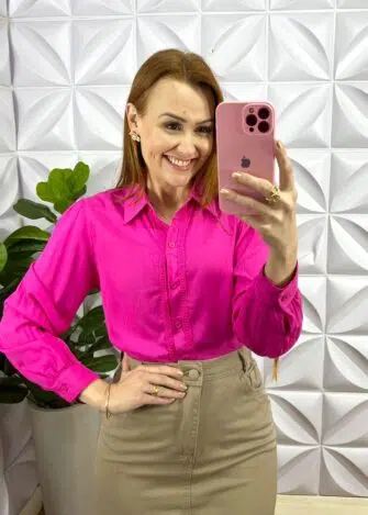 Camisa Cambraia de Linho Bordada Manga Longa Daria - Pink - Milla Chic