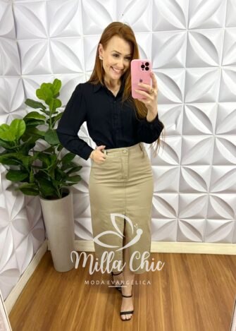 Camisa Cambraia de Linho Bordada Manga Longa Daria - Preta - Milla Chic