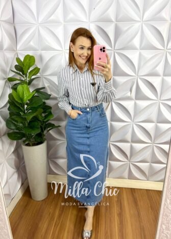Camisa de Tricoline Listrada Plaquinha Bordada Patrícia - Preta - Milla Chic