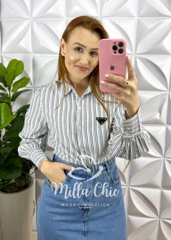 Camisa de Tricoline Listrada Plaquinha Bordada Patrícia - Preta - Milla Chic