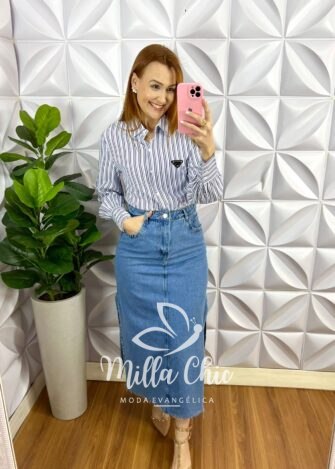 Milla Chic - millachic com br camisa de tricoline listrada plaquinha bordada patricia azul marinho 2 Camisa de Tricoline Listrada Plaquinha Bordada Patrícia - Azul Marinho - Milla Chic