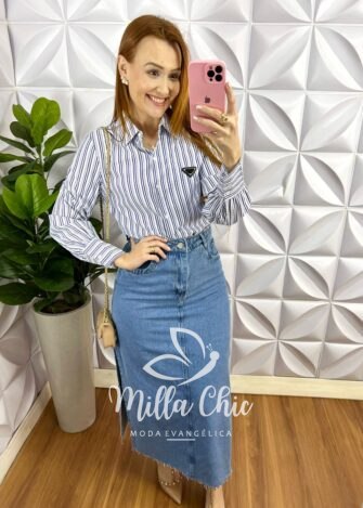 Milla Chic - millachic com br camisa de tricoline listrada plaquinha bordada patricia azul marinho 3 Camisa de Tricoline Listrada Plaquinha Bordada Patrícia - Azul Marinho - Milla Chic