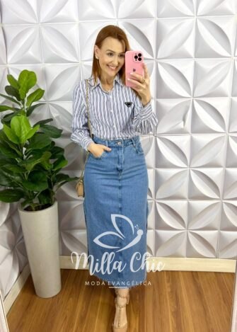 Camisa de Tricoline Listrada Plaquinha Bordada Patrícia - Azul Marinho - Milla Chic