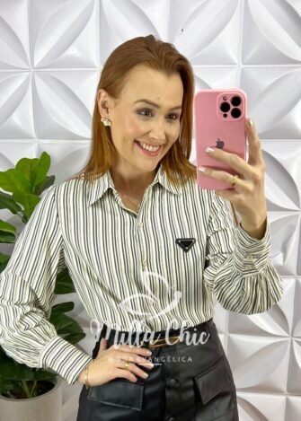 Camisa de Tricoline Listrada Plaquinha Bordada Patrícia - Rosa - Milla Chic