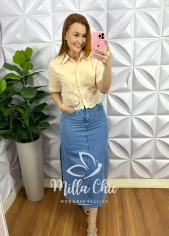 Camisa Laise 100% Algodão Estilo Cropped Vivian - Manteiga - Milla Chic