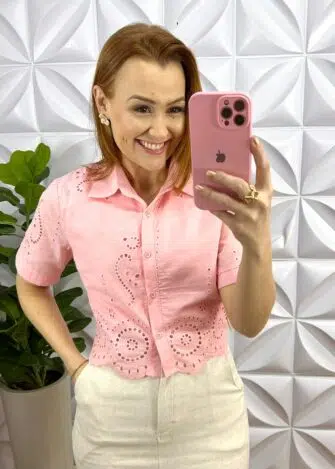 Camisa Laise 100% Algodão Estilo Cropped Vivian - Rosa - Milla Chic
