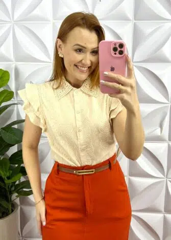 Camisa Laise 100% Algodão Manga Babadinho Giovane - Areia - Milla Chic