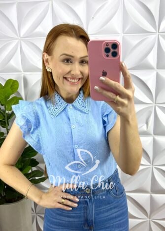 Camisa Laise 100% Algodão Manga Babadinho Giovane - Azul - Milla Chic