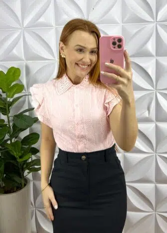 Camisa Laise 100% Algodão Manga Babadinho Giovane - Rosa - Milla Chic