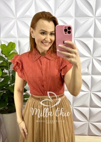 Camisa Laise 100% Algodão Manga Babadinho Giovane - Terra Cota - Milla Chic