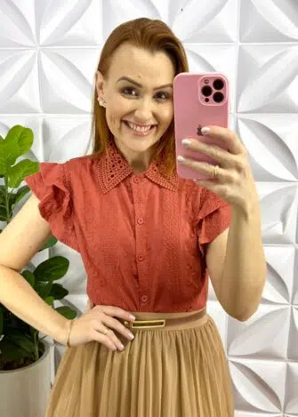 Camisa Laise 100% Algodão Manga Babadinho Giovane - Terra Cota - Milla Chic