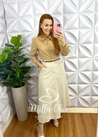Camisa Lasie Manga Longa Botão Encapado Beatrice - Areia - Milla Chic
