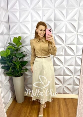 Camisa Lasie Manga Longa Botão Encapado Beatrice - Areia - Milla Chic