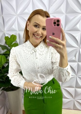 Camisa Lasie Manga Longa Gola Em Guipper Lara - Branca - Milla Chic