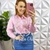 Camisa Tricoline De Algodão Listrada Com Bordados Colorido Milão - Rosa - Milla Chic