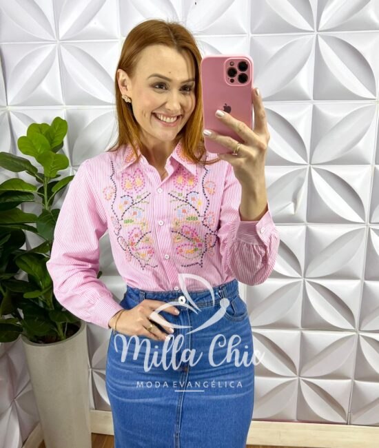 Camisa Tricoline De Algodão Listrada Com Bordados Colorido Milão - Rosa - Milla Chic
