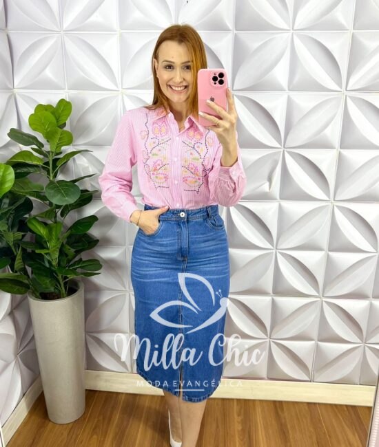 Camisa Tricoline De Algodão Listrada Com Bordados Colorido Milão - Rosa - Milla Chic