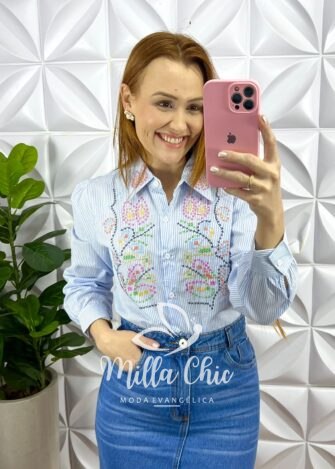 Camisa Tricoline De Algodão Listrada Com Bordados Colorido Milão - Azul - Milla Chic