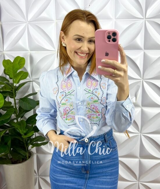 Camisa Tricoline De Algodão Listrada Com Bordados Colorido Milão - Azul - Milla Chic