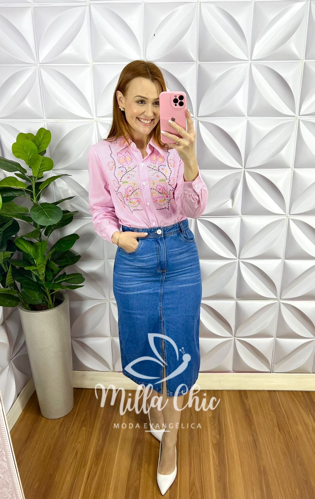 Camisa Tricoline De Algodão Listrada Com Bordados Colorido Milão - Rosa - Milla Chic