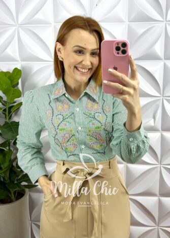 Camisa Tricoline De Algodão Listrada Com Bordados Colorido Milão - Verde - Milla Chic