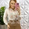 Camisa Tricoline De Algodão Listrada Com Bordados Colorido Milão - Areia - Milla Chic