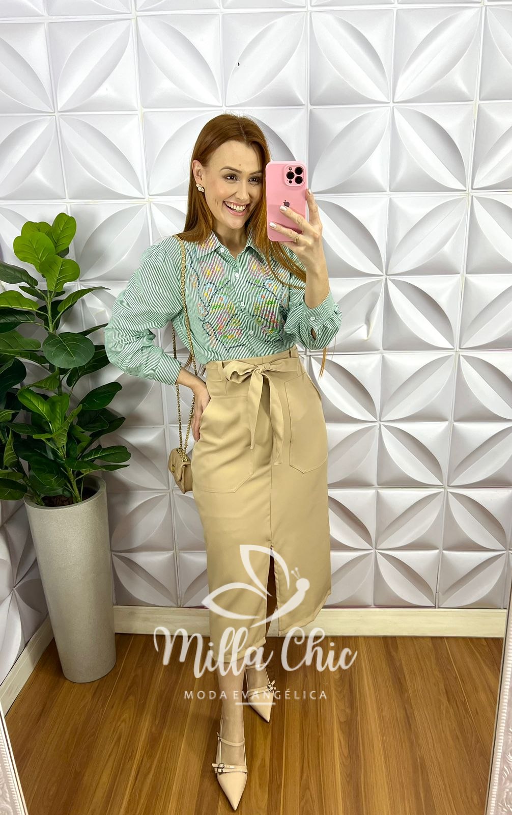Camisa Tricoline De Algodão Listrada Com Bordados Colorido Milão - Verde - Milla Chic
