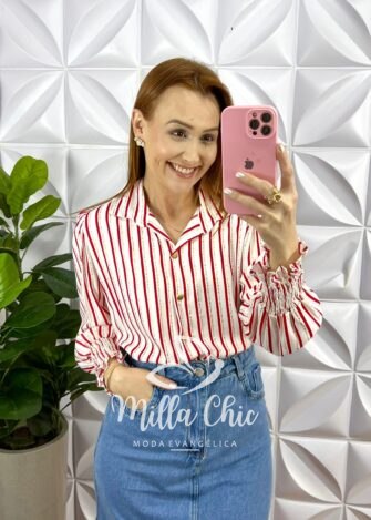 Camisa Viscolinho Listrada Com Lurex Mídi Amélia - Branca - Milla Chic
