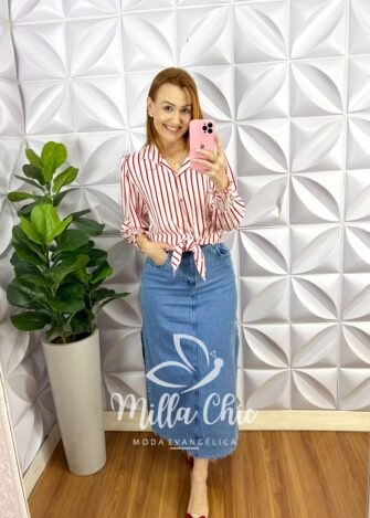 Camisa Viscolinho Listrada Com Lurex Mídi Amélia - Branca - Milla Chic