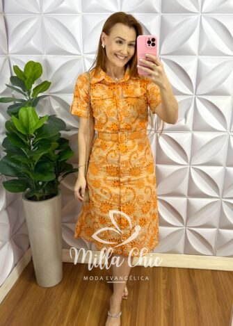 Milla Chic - millachic com br chemise linho bordado com cinto encapado ate o joelho tamires areia copia 2 Chemise Laise Bordado Com Cinto Encapado Tamires - Laranja - Milla Chic