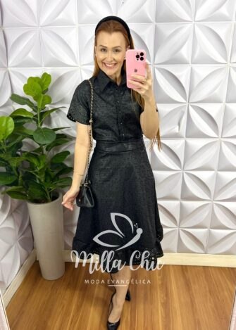 Conjunto Couro Laíse Camisa e Saia Mídi Liriane - Preto - Milla Chic