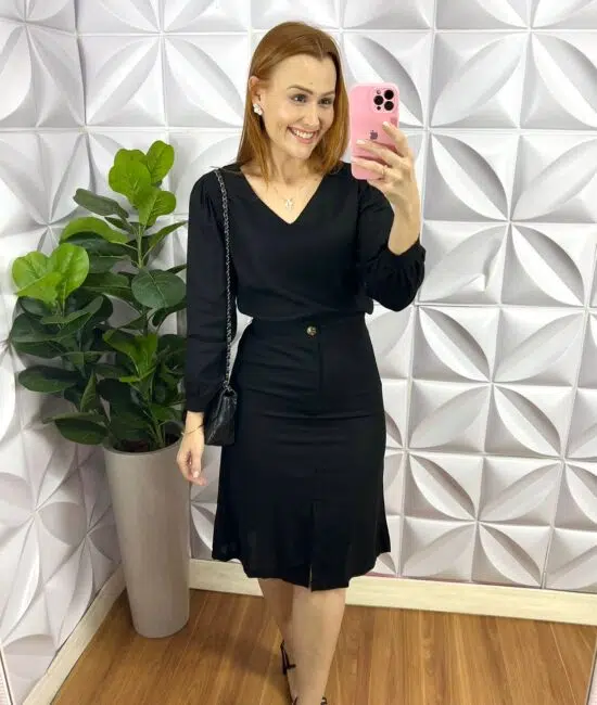 Conjunto Linho Blusa Manga Longa Saia Com Fenda Sarah - Preto - Milla Chic