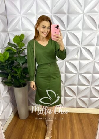 Conjunto Linho Blusa Manga Longa Saia Com Fenda Sarah - Verde - Milla Chic