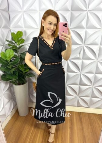 Conjunto Linho Com Detalhe Em Viés Mídi kelita - Preto - Milla Chic