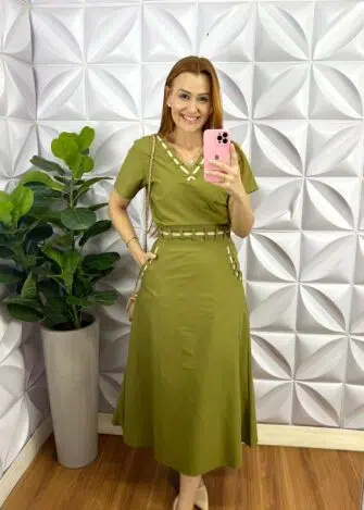 Conjunto Linho Com Detalhe Em Viés Mídi kelita - Verde - Milla Chic