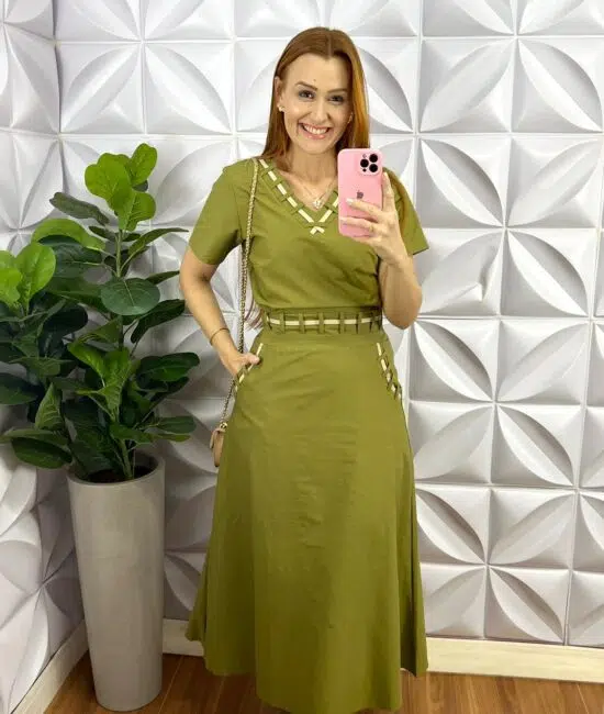 Conjunto Linho Com Detalhe Em Viés Mídi kelita - Verde - Milla Chic