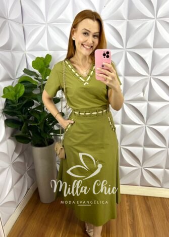 Conjunto Linho Com Detalhe Em Viés Mídi kelita - Verde - Milla Chic