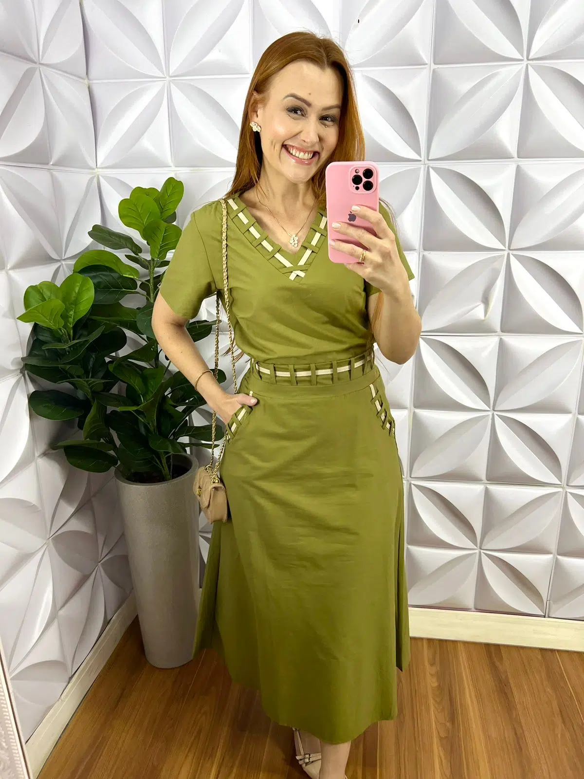 Conjunto Linho Com Detalhe Em Viés Mídi kelita - Verde - Milla Chic