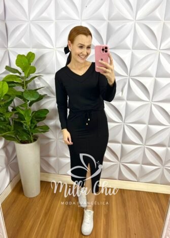 Conjunto Moletinho Manga Longa Saia Mídi Camile - Preto - Milla Chic