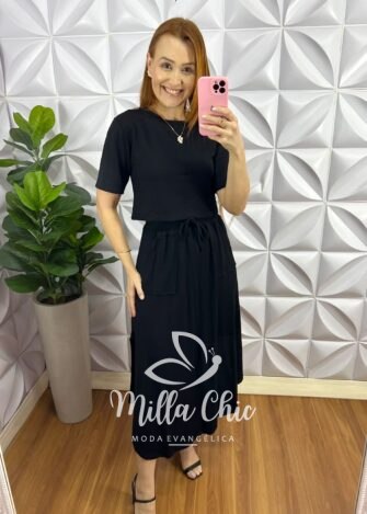 Conjunto Moletinho Saia Longuete Com Bolso Fabiola - Preto - Milla Chic