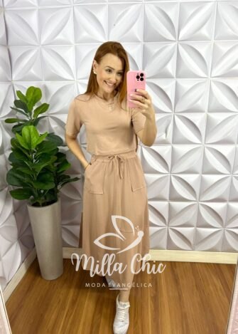 Conjunto Moletinho Saia Longuete Com Bolso Fabiola - Areia - Milla Chic