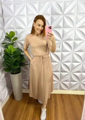 Conjunto Moletinho Saia Longuete Com Bolso Fabiola - Areia - Milla Chic