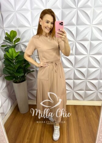 Conjunto Moletinho Saia Longuete Com Bolso Fabiola - Areia - Milla Chic