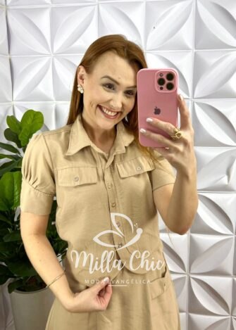 Conjunto No Linhocel Mídi Com Botões Dourado Maria Isabel - Areia - Milla Chic