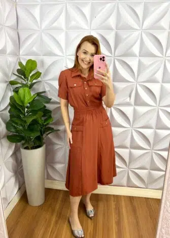 Conjunto No Linhocel Mídi Com Botões Dourado Maria Isabel - Terra Cota - Milla Chic