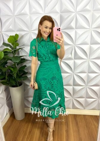 Conjunto Richilieu Camisa e Saia Mídi Lisboa - Jade - Milla Chic